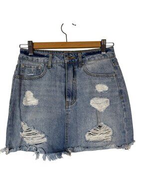 Forever 21 Small Blue Distressed Denim Mini Skirt Frayed Hem Y2K Grungecore